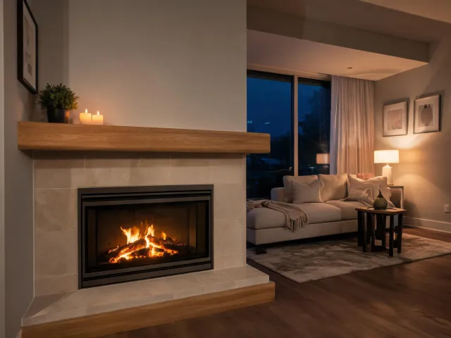 Custom home living room with gas fireplace