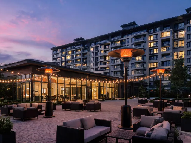 Multifamily clubhouse with patio heaters