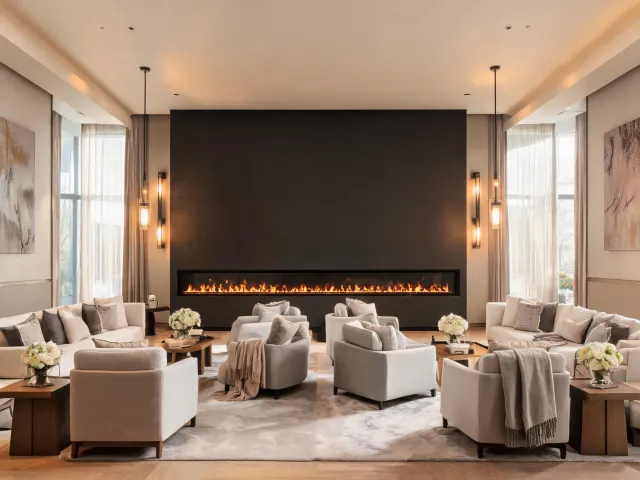 Hotel lounge with linear fireplace