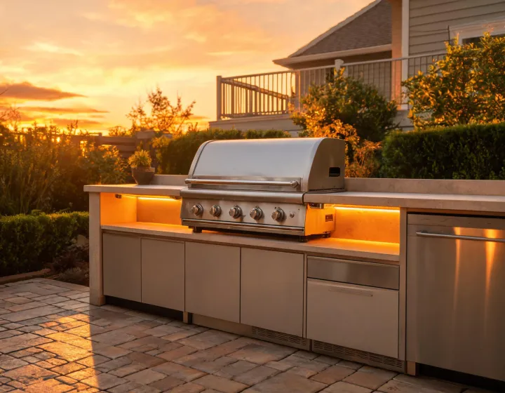 Napoleon gas grill on a warm evening patio with family gathering