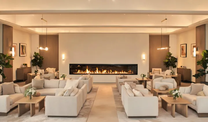 Hotel lounge with linear fireplace