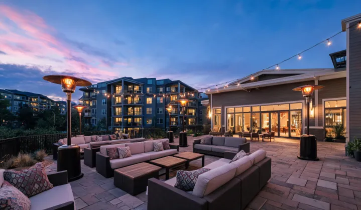 Multifamily clubhouse patio with heaters