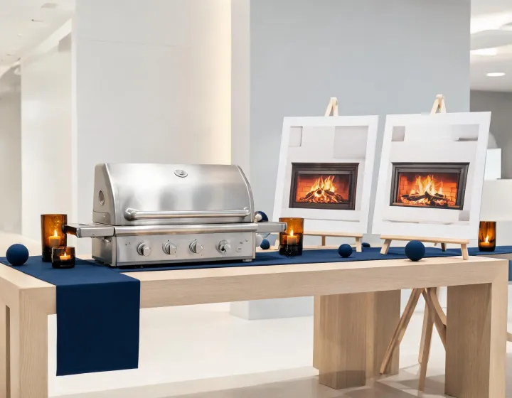 Napoleon grill and fireplace samples on showroom table